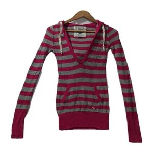 Victoria's Secret Pink Y2K Gray Hot Pink Stripe Hoodie Sweater Women's Small